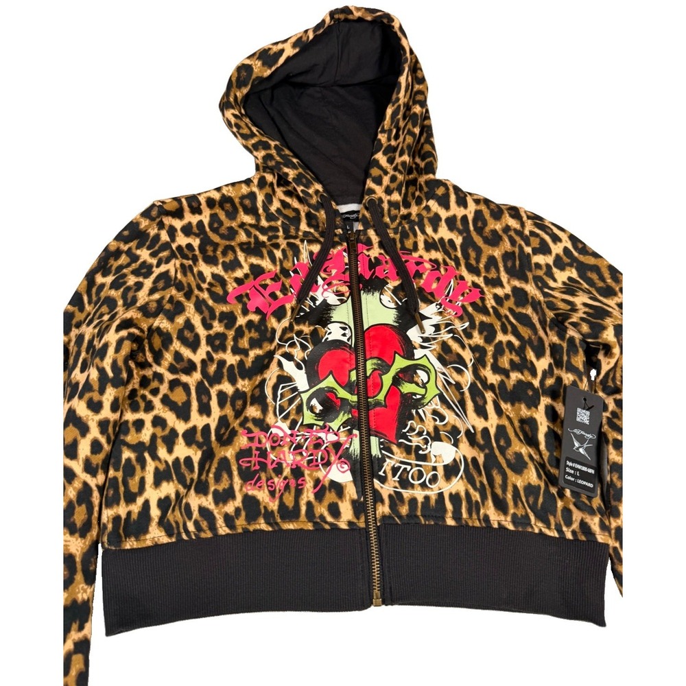 NWT Ed Hardy Leopard Print Cropped Hoodie Size L Heart Skull Tattoo Y2K